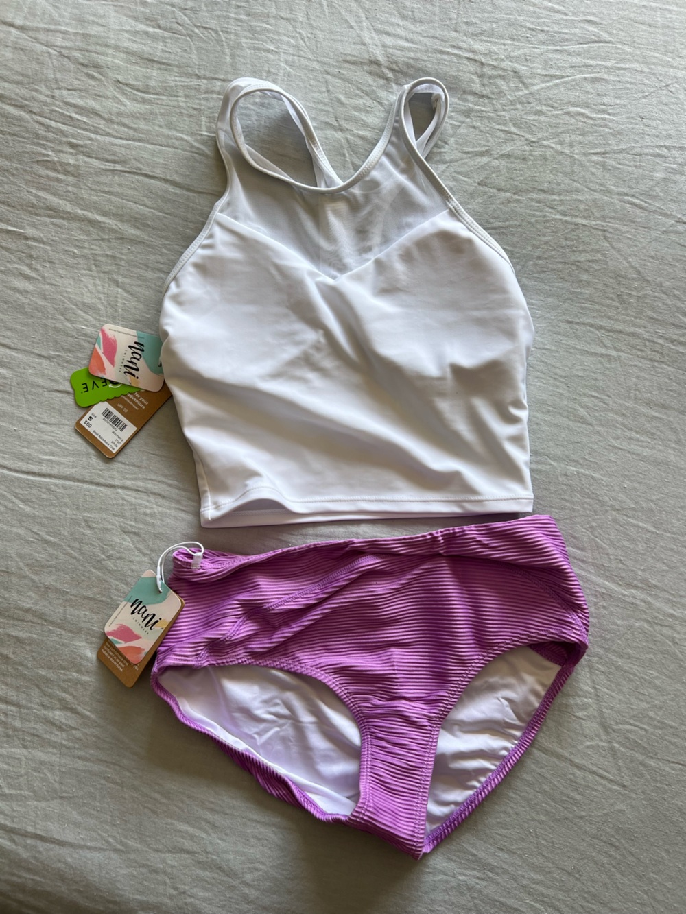 Nani White High-Neck Tankini Top with Purple Ribbed Bikini Bottoms